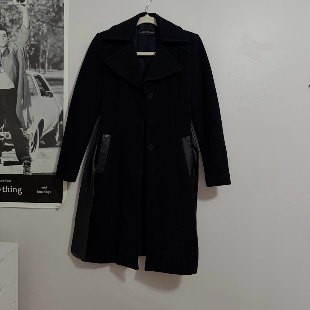 Black Wool Coat with Leather Accents